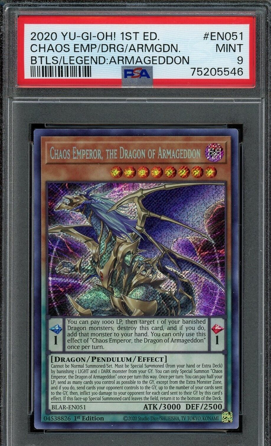 YuGiOh Chaos Emperor, the Dragon of Armageddon 1st Edition BLAR-EN051 PSA 9 MINT YuGiOh Chaos Emperor, the Dragon of Armageddon 1st Edition BLAR-EN051 PSA 9 MINT