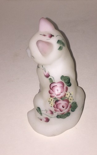 FENTON Art Glass Hand Painted Sitting Cat Figurine Roses Floral Flowers Signed