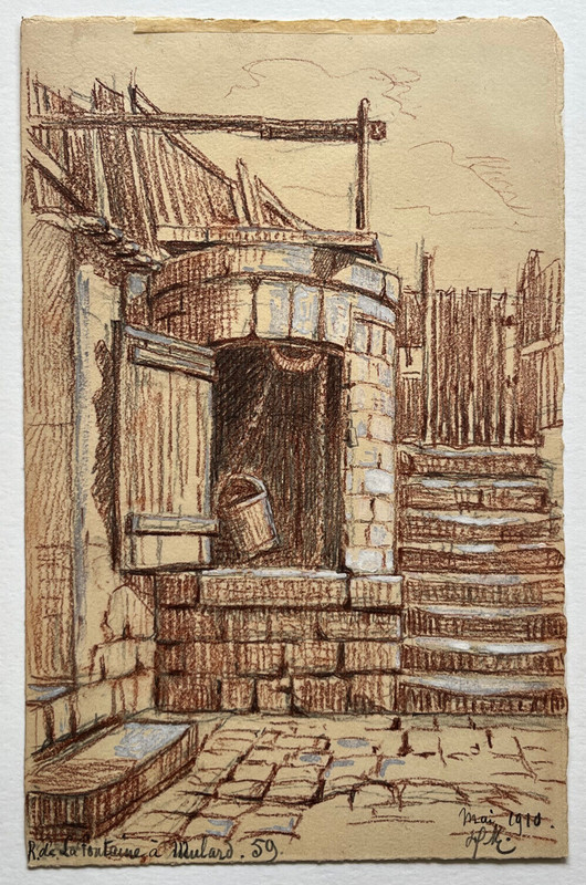Rue Fontaine Mulard Dessin Original Sanguine Henri Manesse Paris Puits 1910