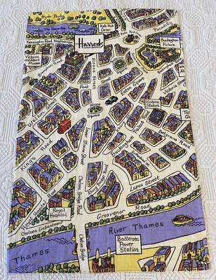 Vintage Harrods Knightsbridge Irish Linen Tea Towel London Map Pattern Gift Idea