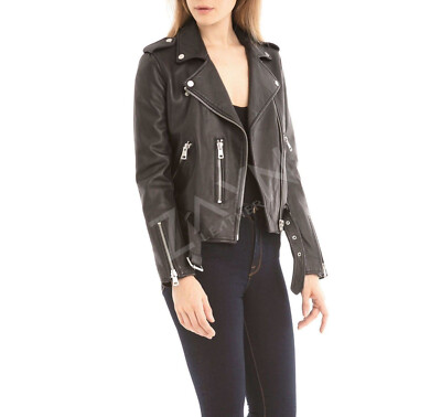 Women Black Leather Jacket Stylish Belted Genuine Lambskin Motorcycle Biker Coat