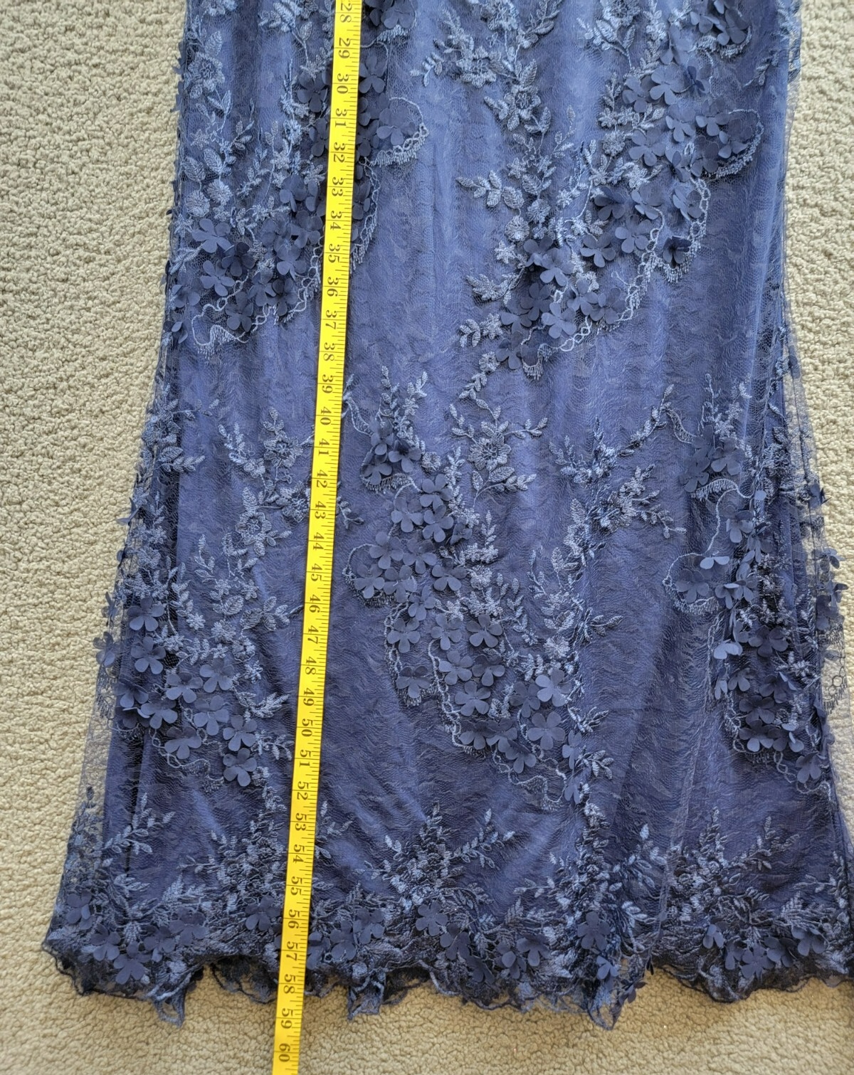 Adrianna Papell Ruffled Embroidered Mermaid Gown Women's 14 Navy 3D Floral Zip - Picture 7 of 17
