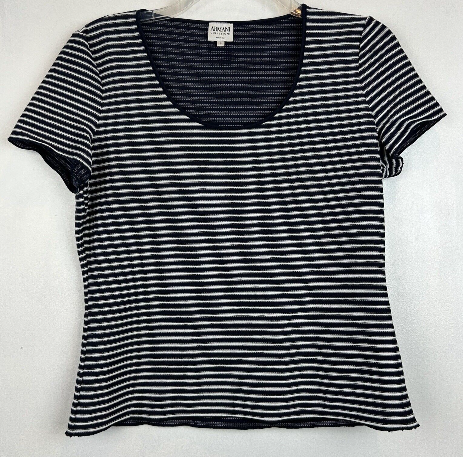 Armani Collezioni Top Women 8 Knit Ribbed Blue Stripe Scoop