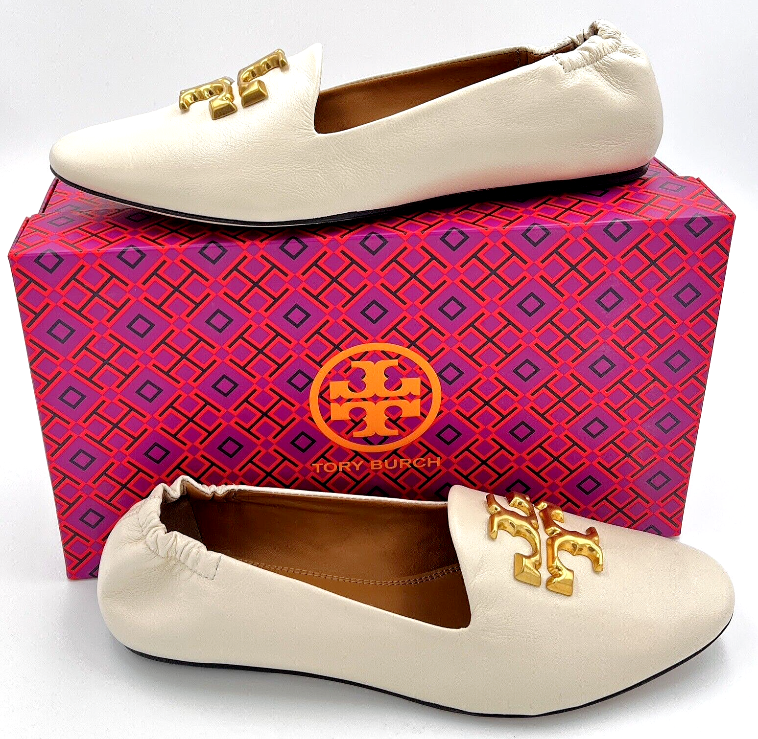 TORY BURCH ELEANOR LOAFER NEW CREAM LEATHER GOLD-TONE LOGO