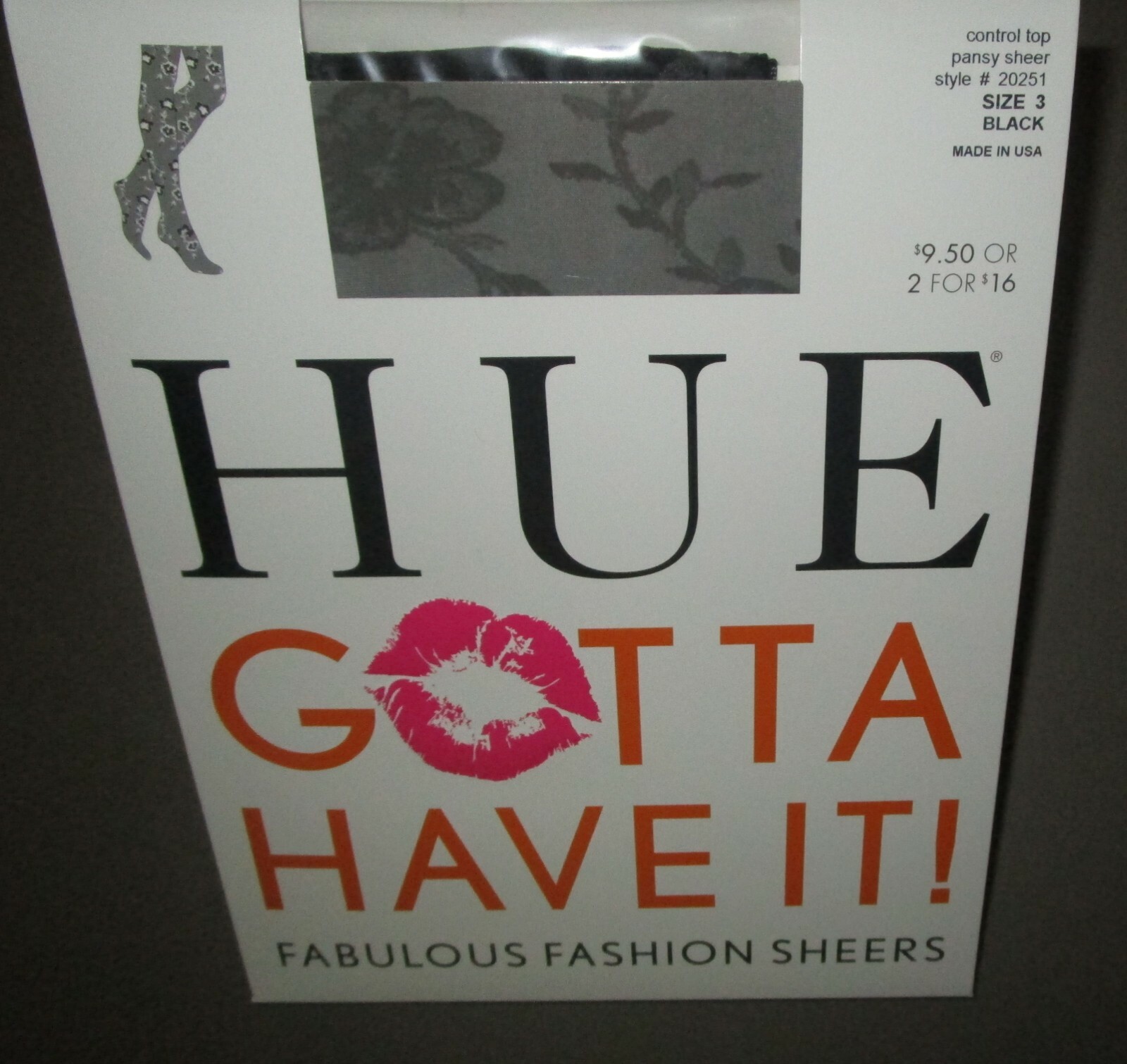 HUE~SIZE 3~Black Pansy Control Top Sheer Pantyhose 20251