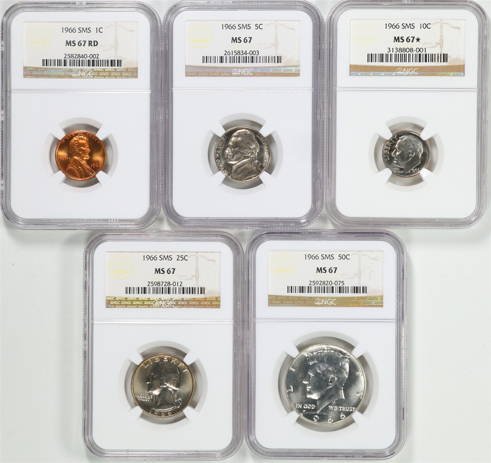 1966 5-Coin Special Mint Set MS67 NGC 2582840-002 Roosevelt