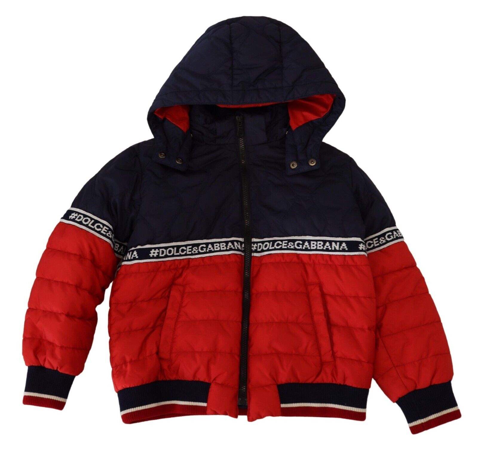 Детская куртка DOLCE & GABBANA с капюшоном, сине-красная, из нейлона, с принтом логотипа DG s. 8 лет $860