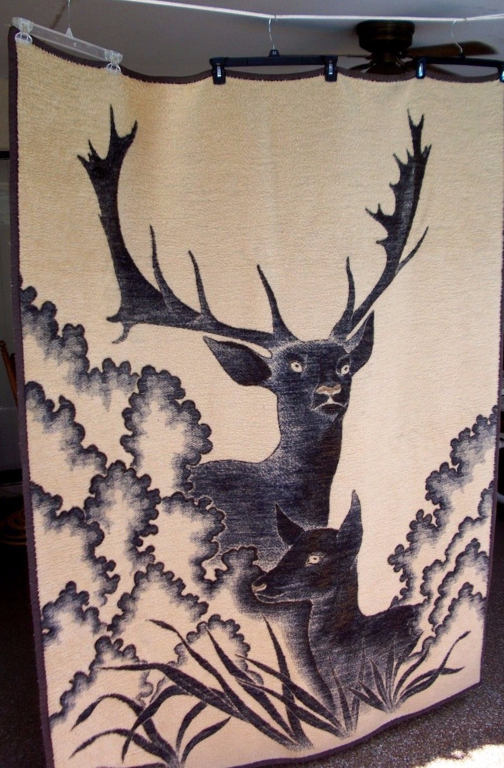 Biederlack Twin Bedspread Deer Buck Brown Blanket Throw Log Cabin Vintage 1980s
