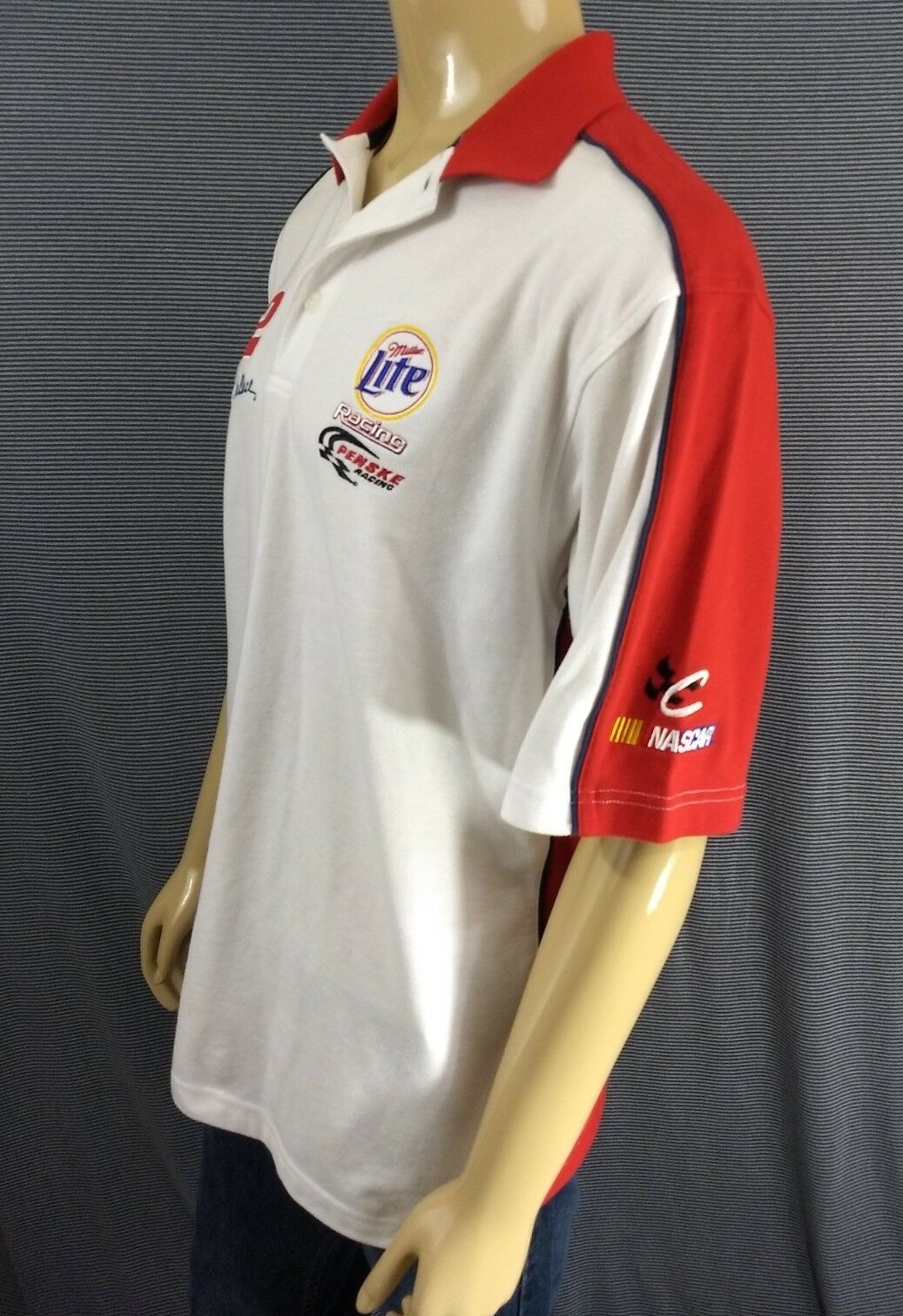 CHASE AUTHENTICS Rusty Wallace NASCAR Polo Shirt Pique Cotton SS White Red Men L
