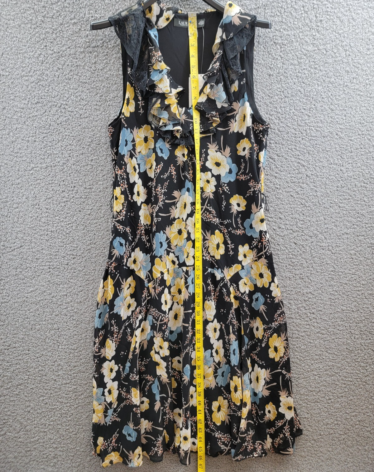 Lauren Ralph Lauren Floral A-Line Dress Women's 14 Black Multi Ruffle Sleeveless - Picture 6 of 15