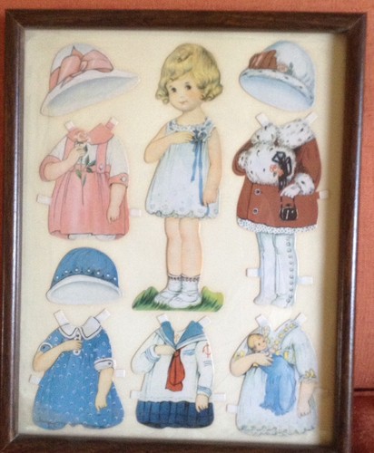 Adorable Vintage Antique Framed 20s Paper Doll w/ Several Outfits 11.5