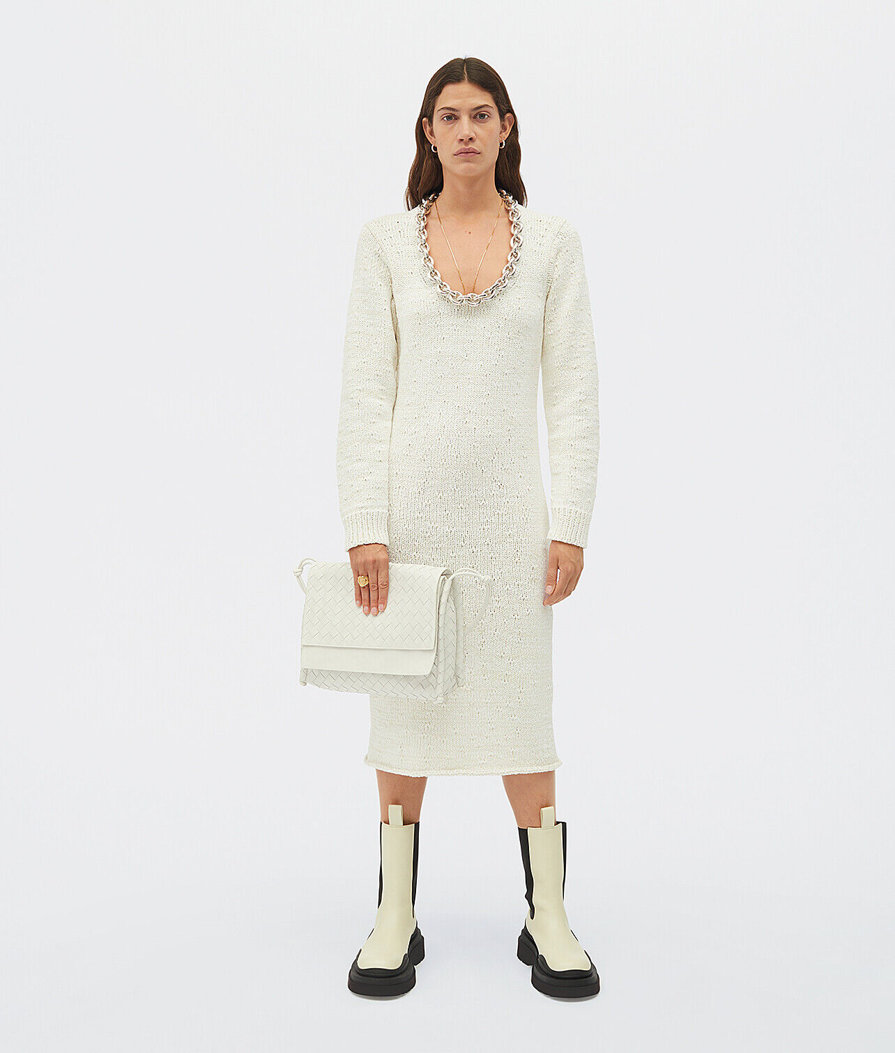 BOTTEGA VENETA 2590$ Chalk White Textured Cotton Knit Dress BOTTEGA VENETA 2590$ Chalk White Textured Cotton Knit Dress
