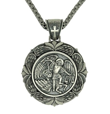 Saint Michael Medal Sterling Silver 925 Men's Pendant with Chain Handcrafted 
