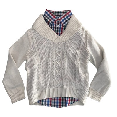 

IZOD Комплект из двух частей вязаного свитера косы для мальчика с разноцветной рубашкой на пуговицах, Ivory/multi