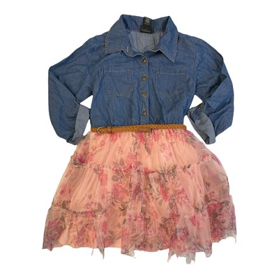 Pink & Violet Girls Denim Bodice 3/4 Sleeve Tulle Tutu Dress (Denim/Blush
