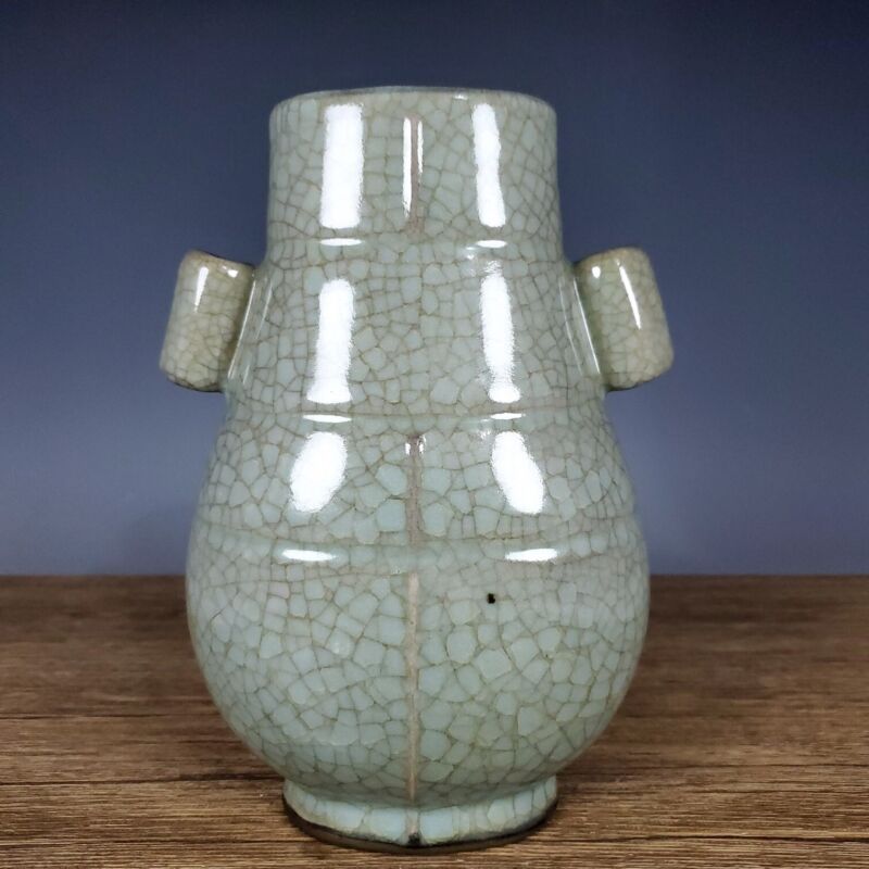 8.8" China old Song dynasty Porcelain guan kiln mark Ice crack double ear vase