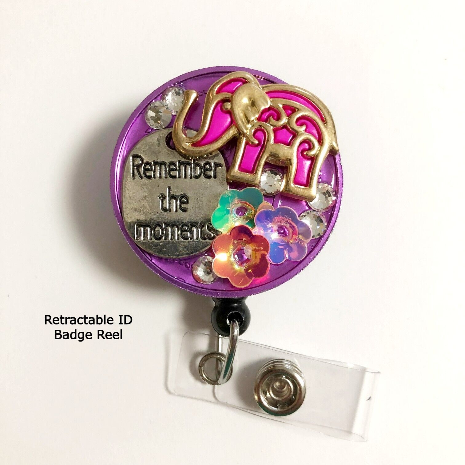 OOAK Mixed - Elephant REMEMBER THE MOMENTS - Retractable Reel ID Badge Holder