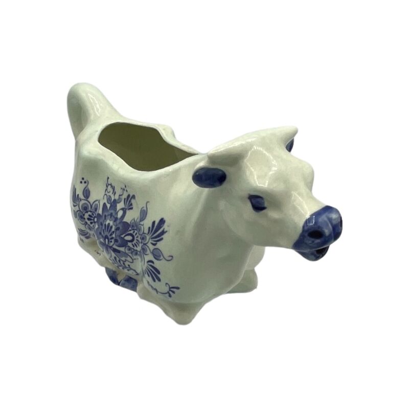 Vintage Laying Cow Coffee Creamer Pitcher Blue Floral Transferware Ceramic Farm