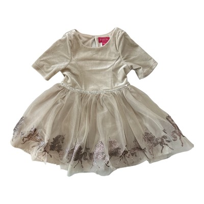 Zunie Girl Girls Velvet Elbow Length Sleeve Unicorn Glitter Border Dress (2T)