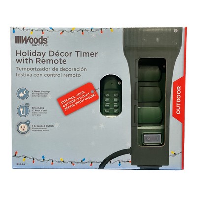 Woods 59850 Holiday Decor Таймер во дворе с дистанционным управлением, 10 футов, 6 заземленных розеток