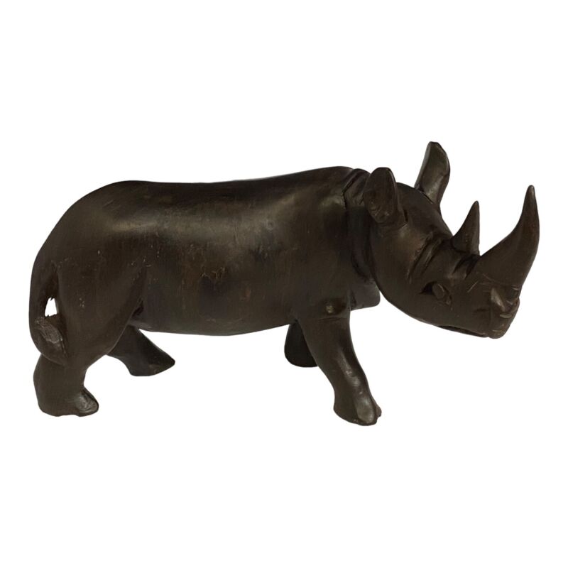 Vintage African Hand Carved Wooden Rhinoceros 7.5 inches Long Horned Dark Walnut
