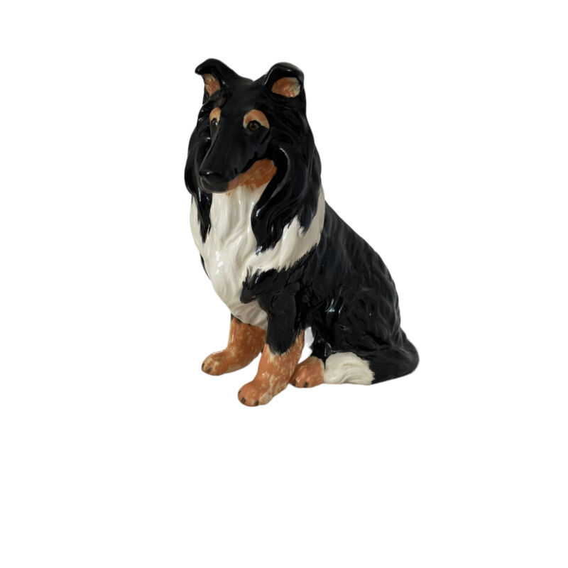 Tri Rough Collie Dog Ceramic Hand Painted Statue Figurine Sitting Black