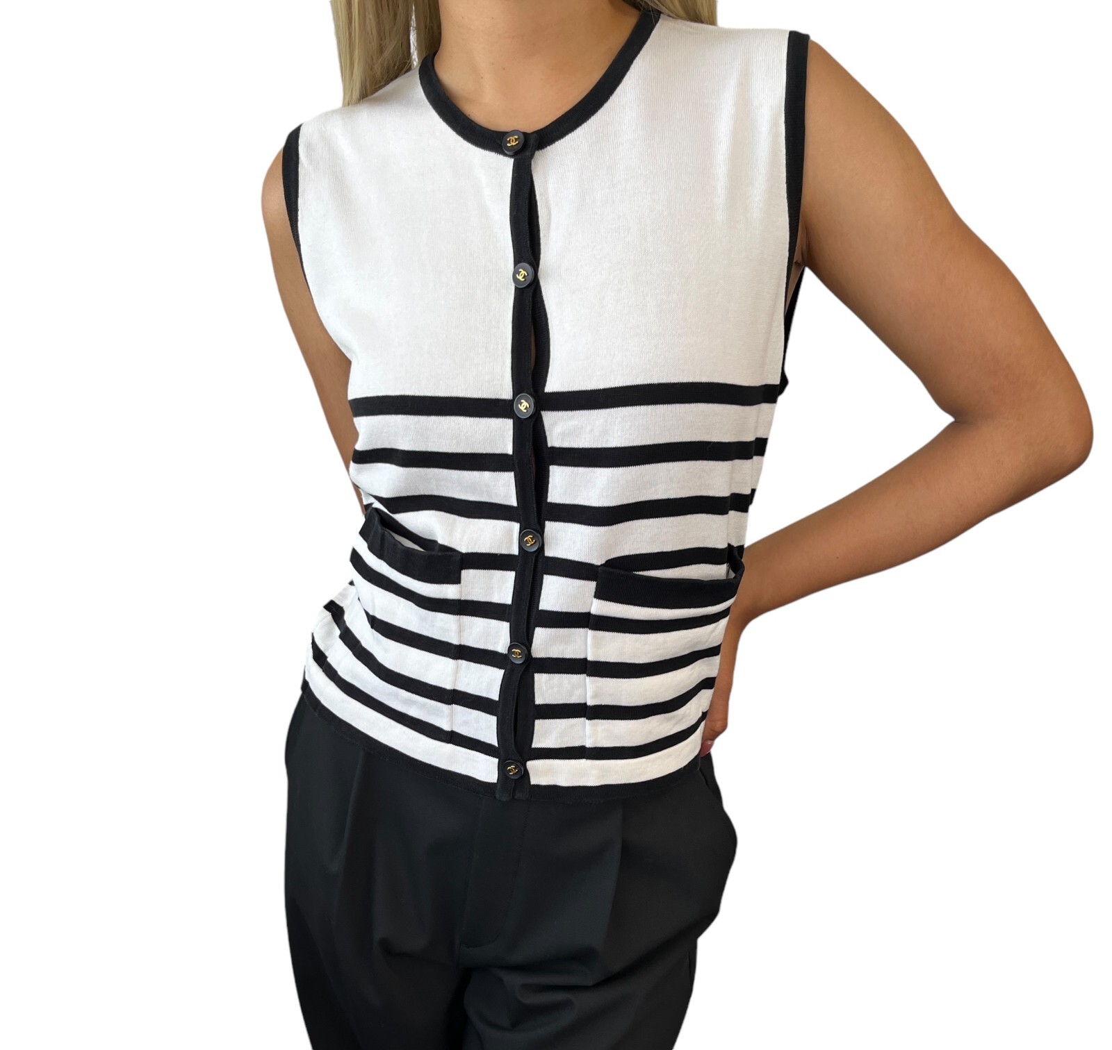 CHANEL Vintage 94P CC Logo Sleeveless Knit Top #36 Stripe CHANEL Vintage 94P CC Logo Sleeveless Knit Top #36 Stripe