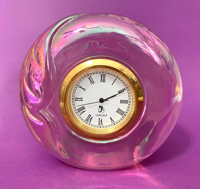 Vintage FENTON Pink Iridescent w/Leaf Design Art Glass 3" Desk Clock Paperweight