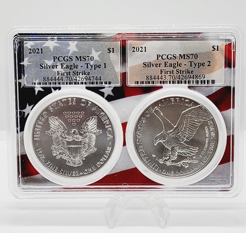 希少！イーグル銀貨 トランプ大統領 2021 PCGS MS70 Type1 2021 $1 Type 1 and Type 2 Silver Eagle 2 Coin Set PCGS MS70