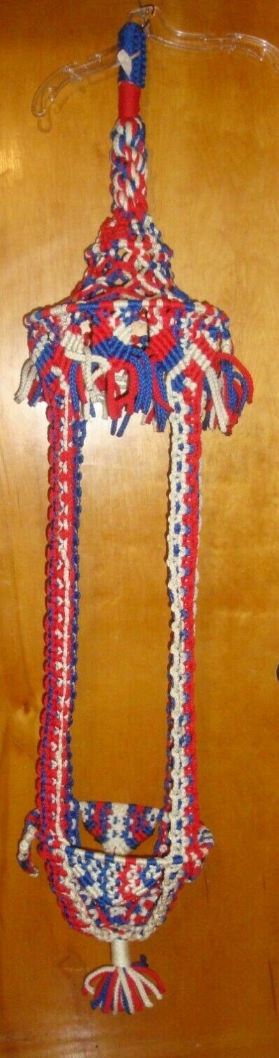 VTG MACRAME Plant Holder RED White Blue Double Plant Holder OVER 5 FT TALL