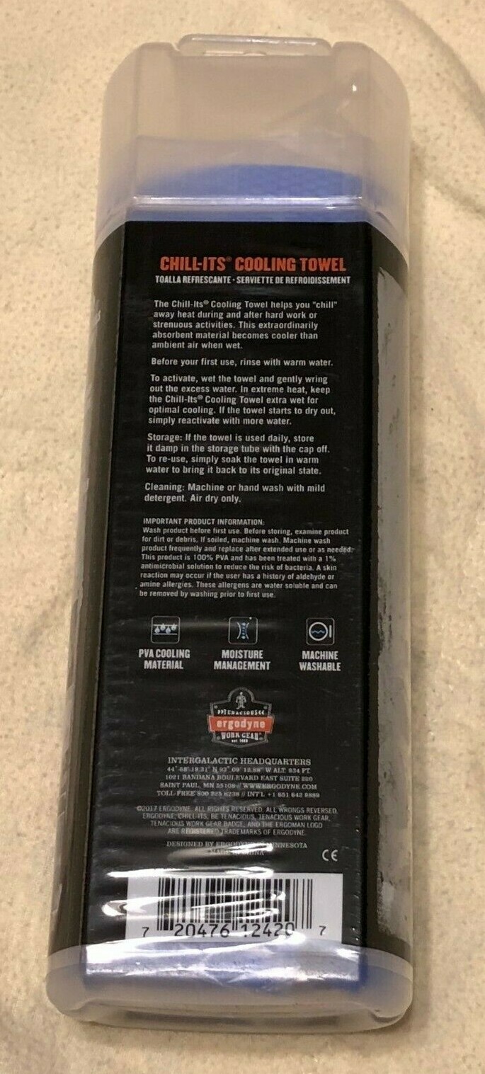 Ergodyne Chill-Its Evaporative Cooling Towel, Blue, NEW,