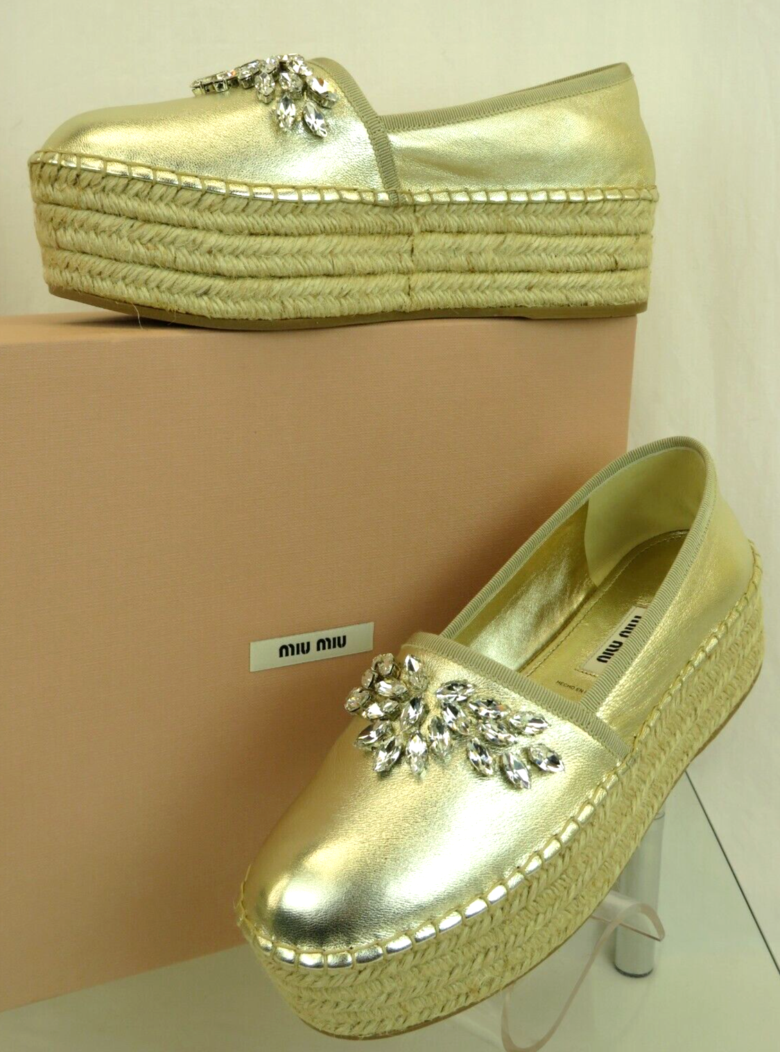 MIU MIU 5S963C GOLD LEATHER CRYSTALS JEWELED ESPADRILLE MIU MIU 5S963C GOLD LEATHER CRYSTALS JEWELED ESPADRILLE