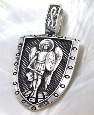 Hand Made in USA Oxidized Solid.925 Sterling Silver Archangel St Michael Shield