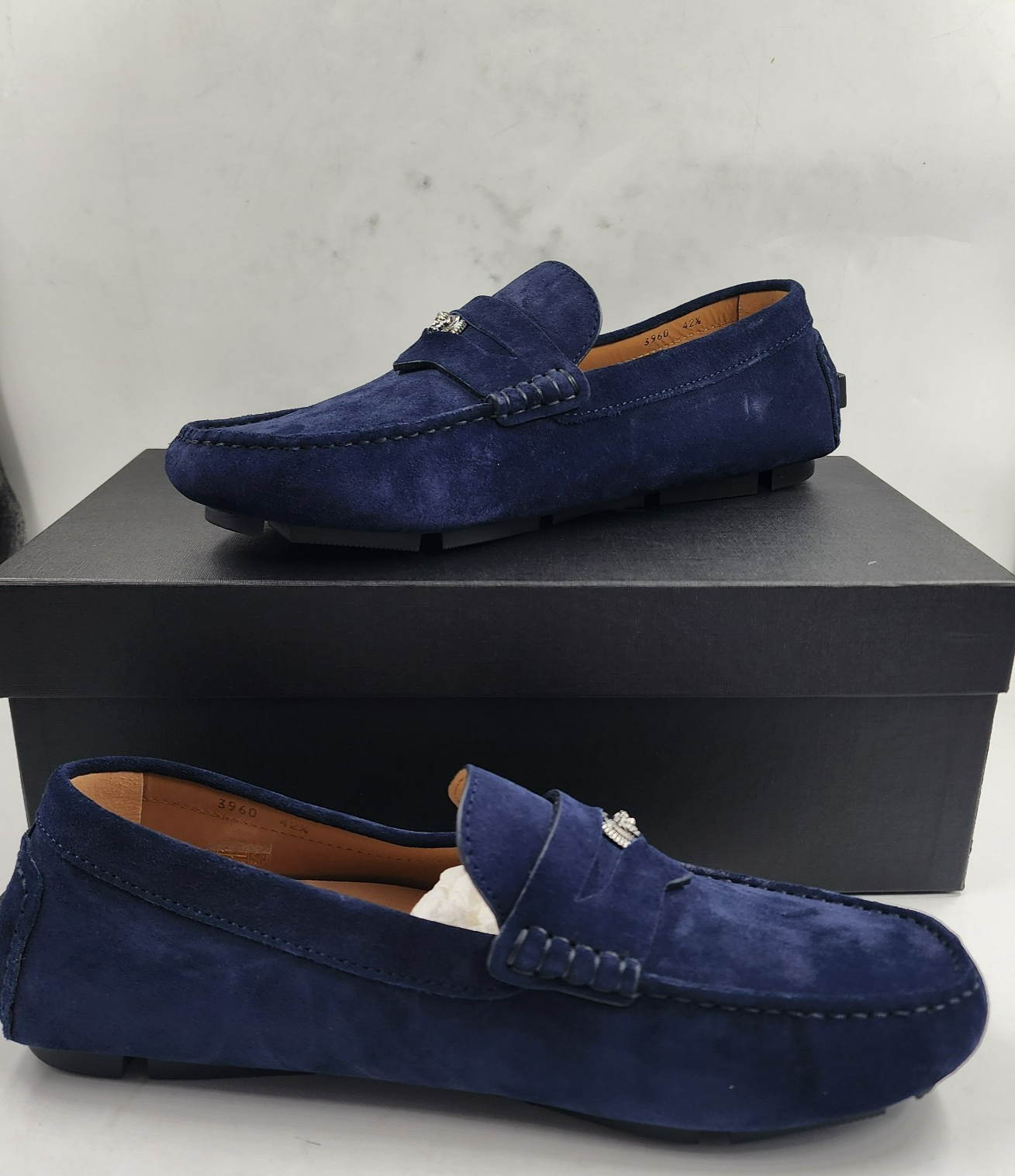 Versace Medusa Penny Loafers Men's 42.5/9.5US Blue Stitched Moc Toe Slip On - Picture 4 of 24