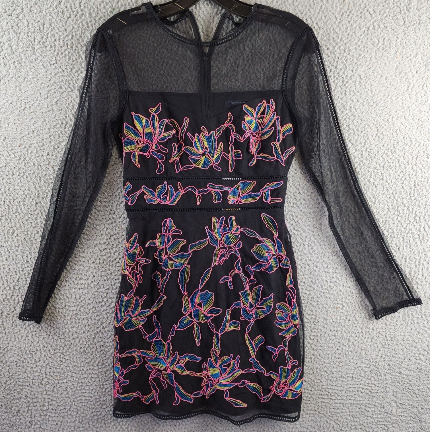 French Connection Emilia Embroidered Long-Sleeve Dress Women's 2 Blackout Zipper - Picture 2 of 14
