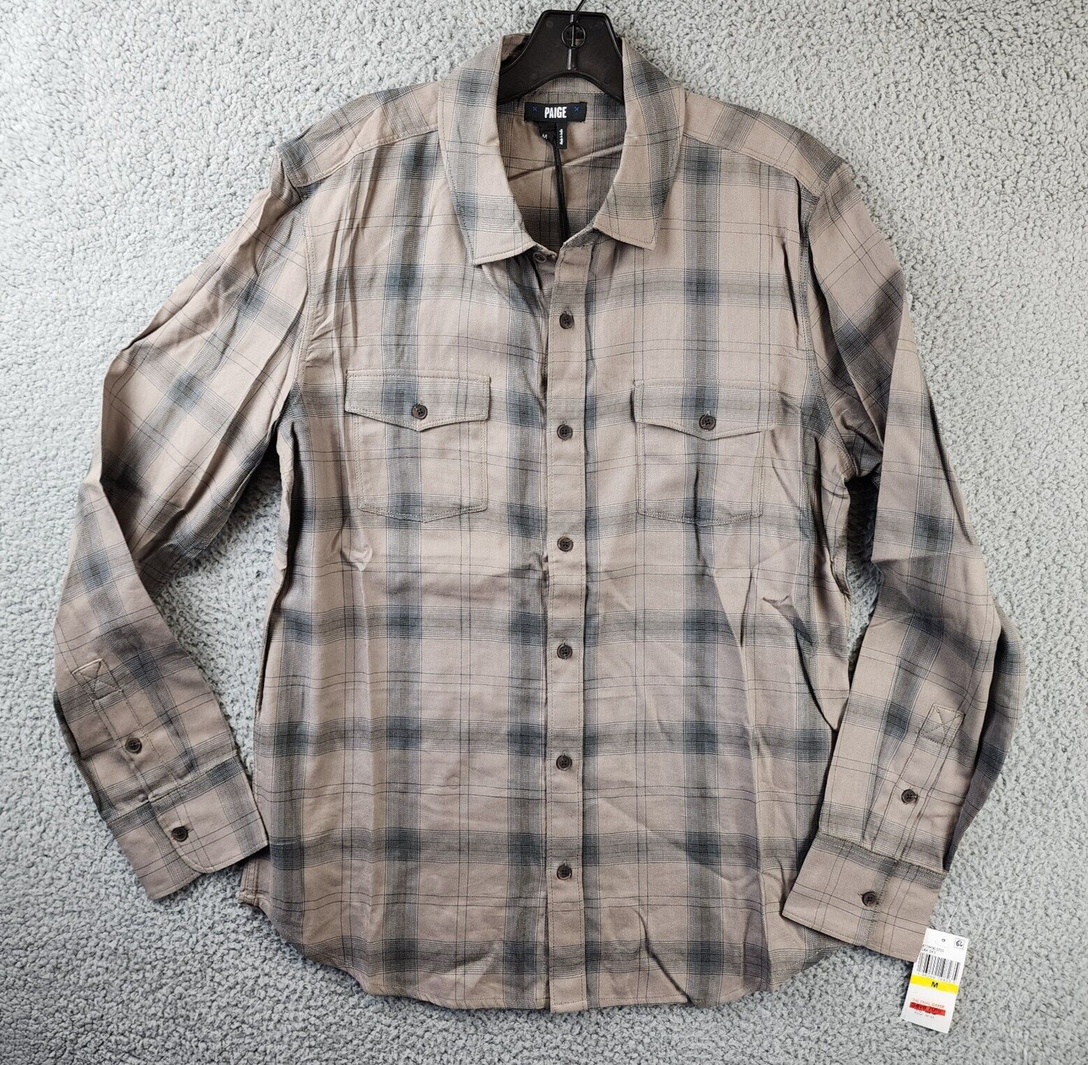 PAIGE Everett Plaid Flannel Long Sleeve Button-up Shirt Men's Medium Oak Sky - Picture 1 of 12