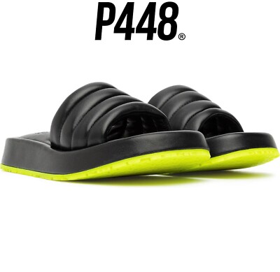 P448 WOMENS NIB $198 FERGIE BLACK LEATHER SLIDE SANDAL. EU 39 /US 8.5