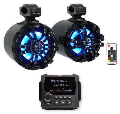 MB Quart GMR-LCD Marine/Boat Bluetooth Receiver+2) Black 6.5'' LED Tower Speakers