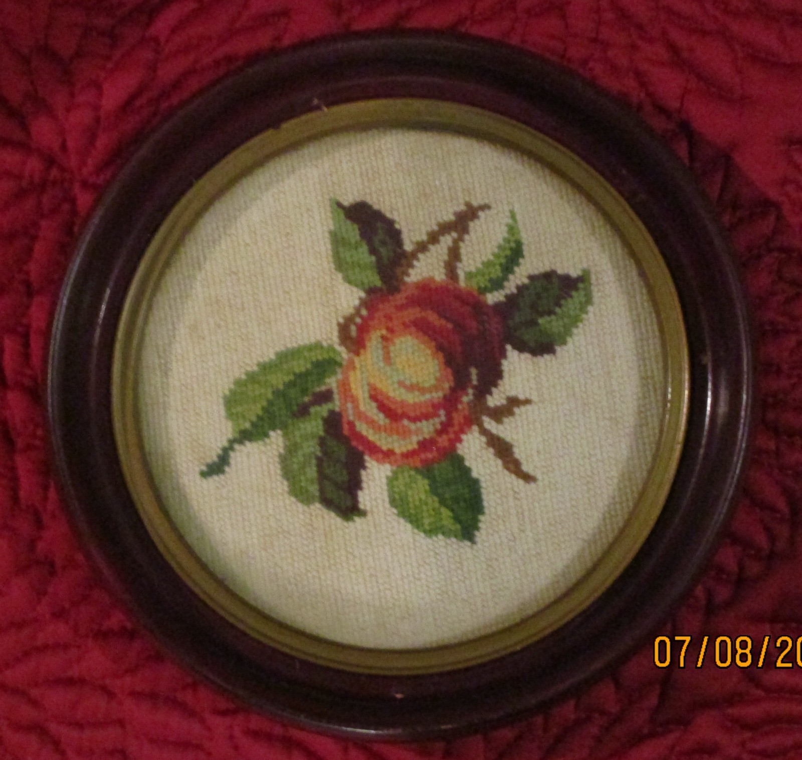 ANTIQUE NEEDLEPOINT FRUIT LOT OF 3  HAND MADE IN ROUND FRAMES WALL PLAQUE