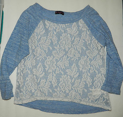 FANG Brand girls Blue LACE FRONT 3/4 Sleeve TOP* M 7 8