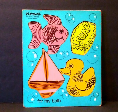 Vintage Playskool FOR MY BATH Wooden Tray Puzzle #155-16 Bathtime Toys 4 Pieces