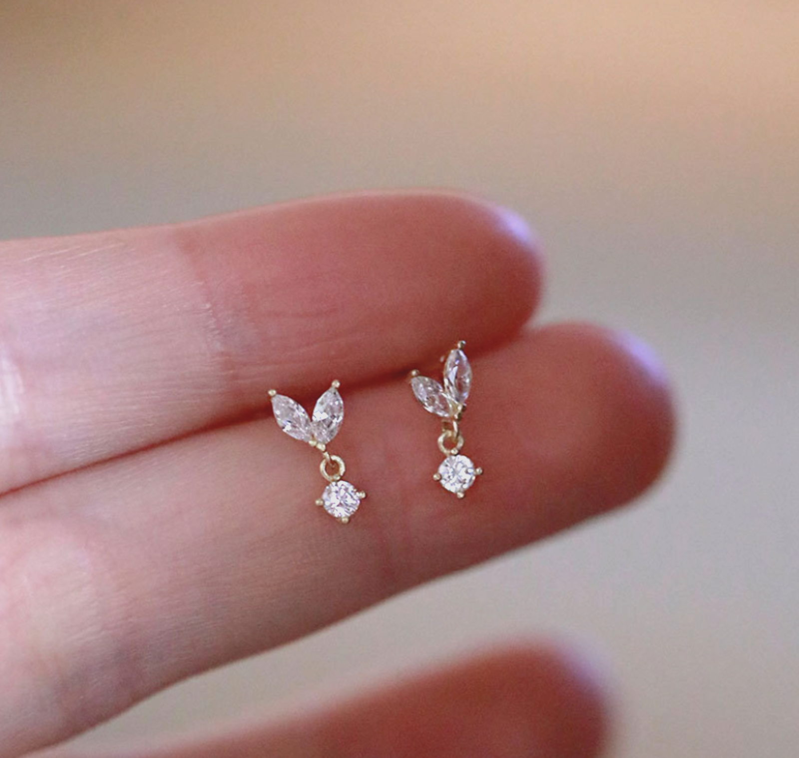 Tiny Gold Leaf Flower Pave Cubic Zirconia Drop Dangle Stud