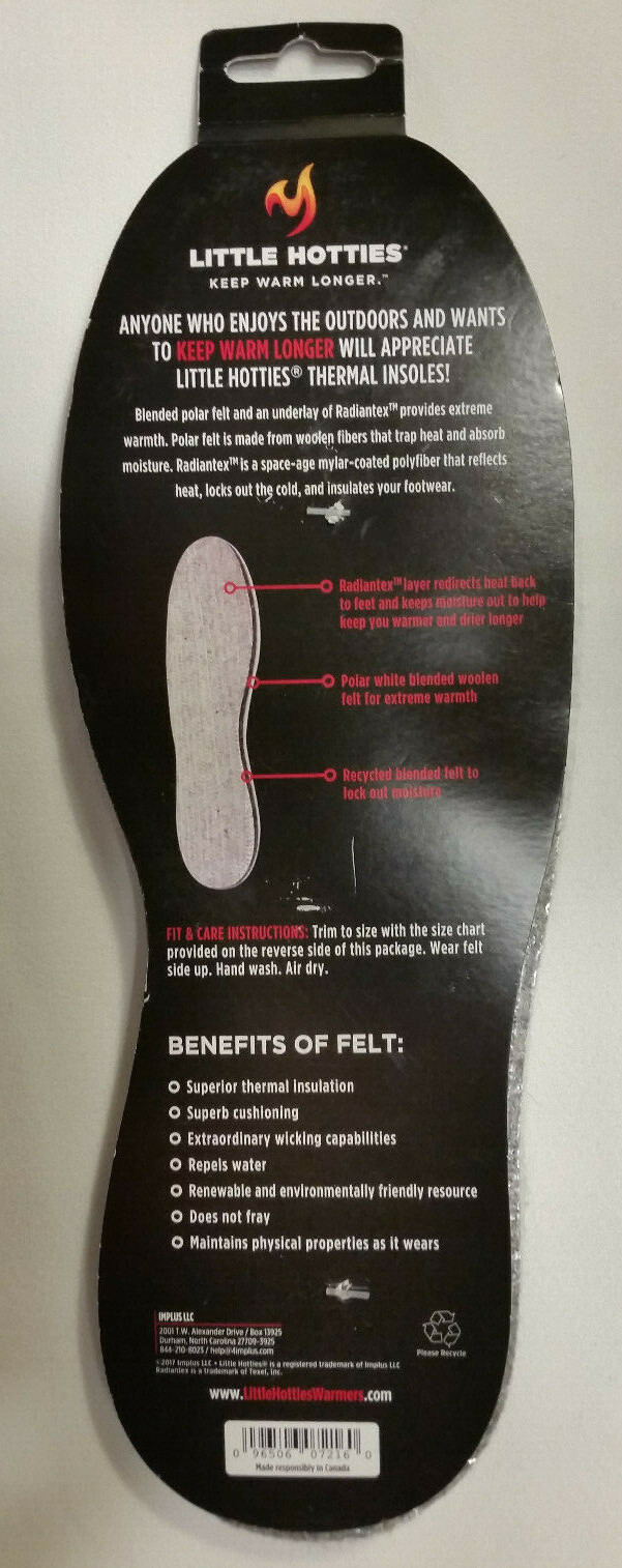 NEW Little Hotties Mens Thermal Insole One Size Fits Most Keep Feet Warmer Drier
