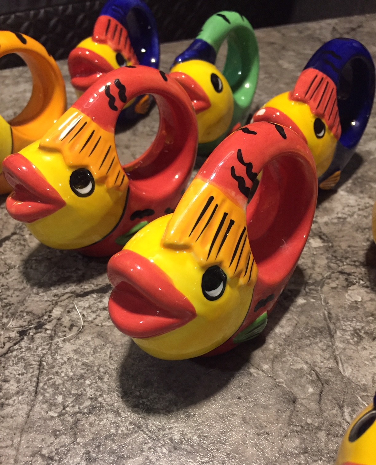 8 TSG Fish Napkin Ring Whimsical Ceramic Holder Set Figural Art Rings