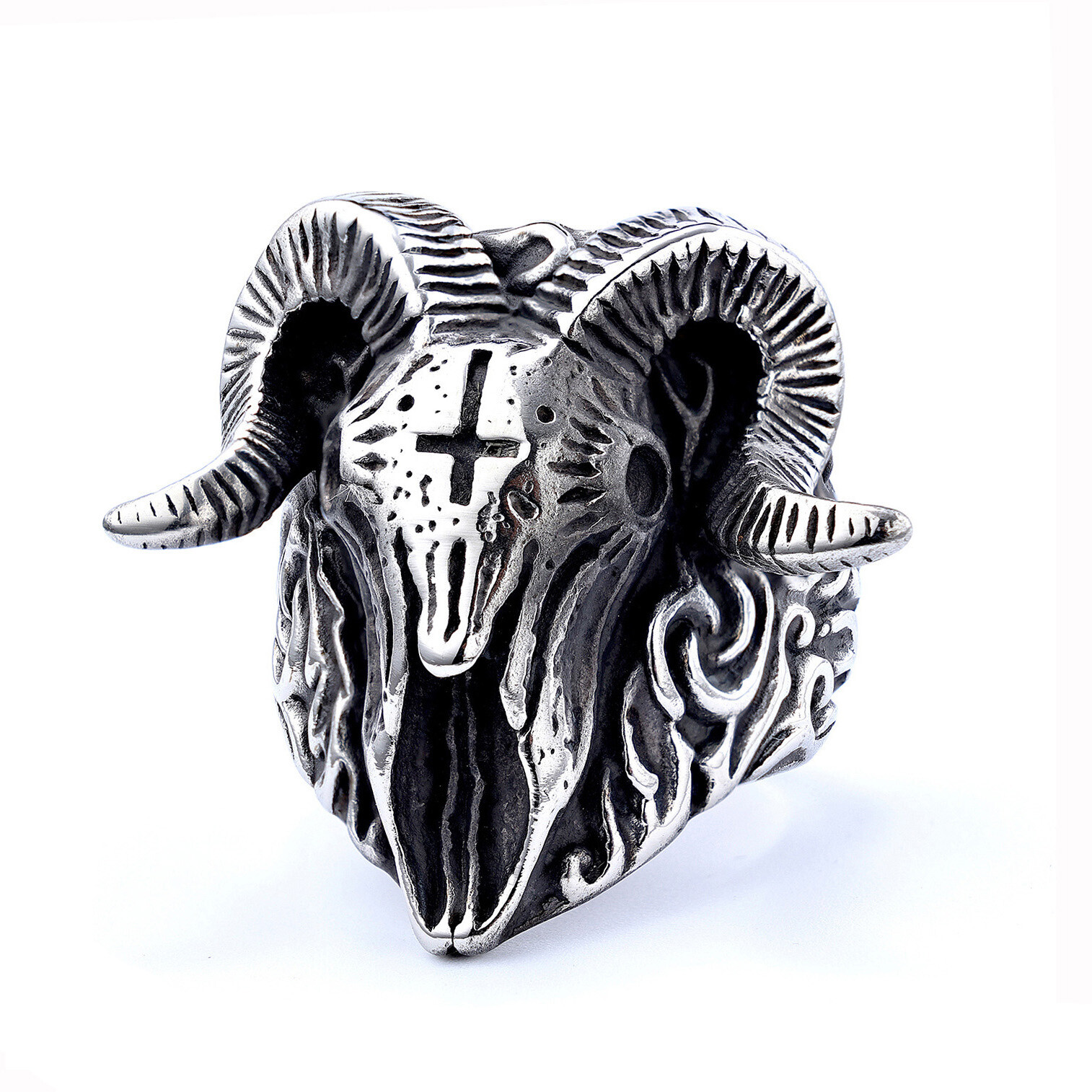 日本未発売♪ RAREROMANCE Horn Cross Ring Bundle Gothic Santa Horn Ram Skull Ring Stainless Steel Big Heavy