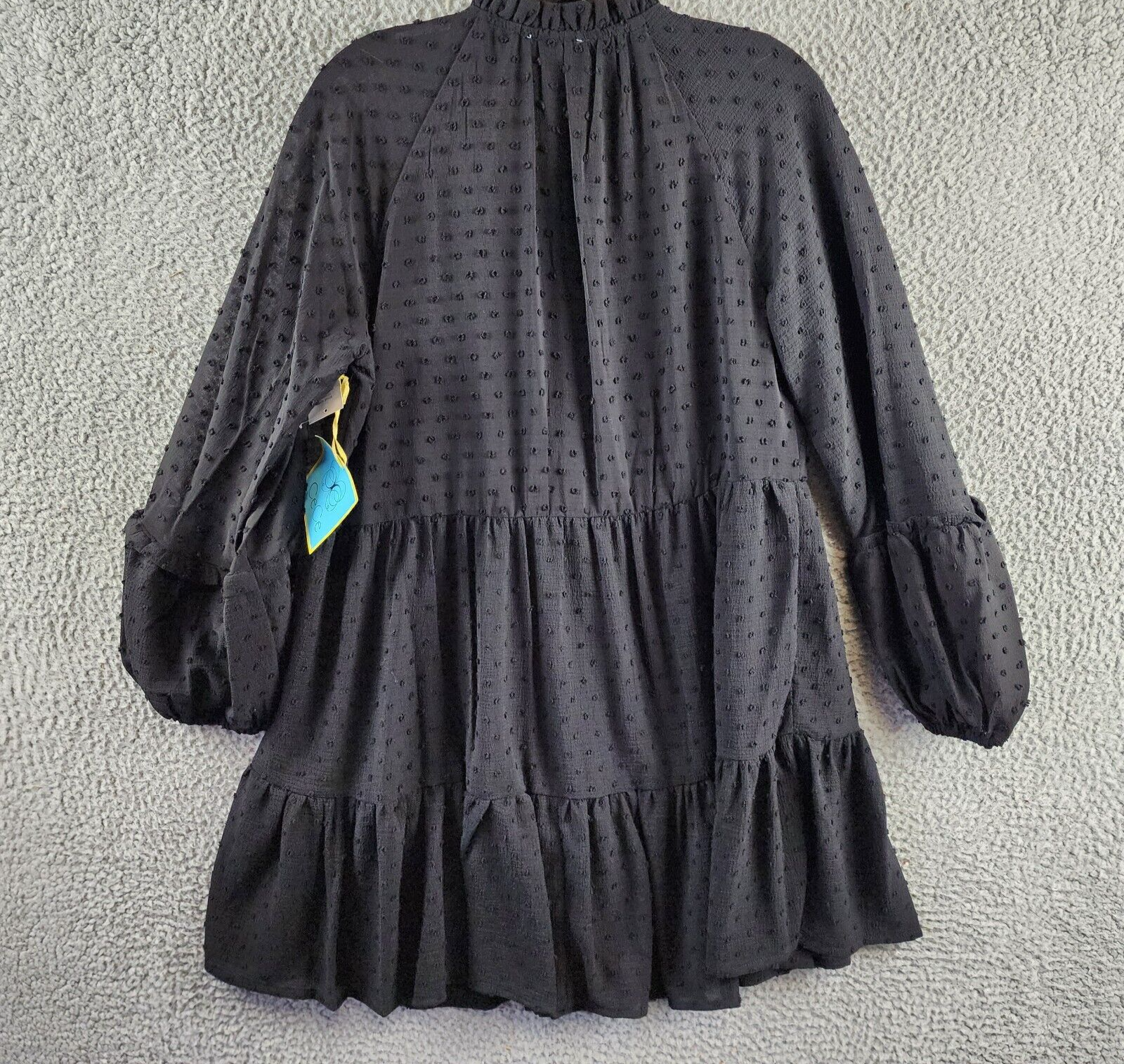 CeCe Clip Dot Ruffled Mini Dress Women's S Black V-Neck Long Sleeve Pullover - Picture 12 of 14