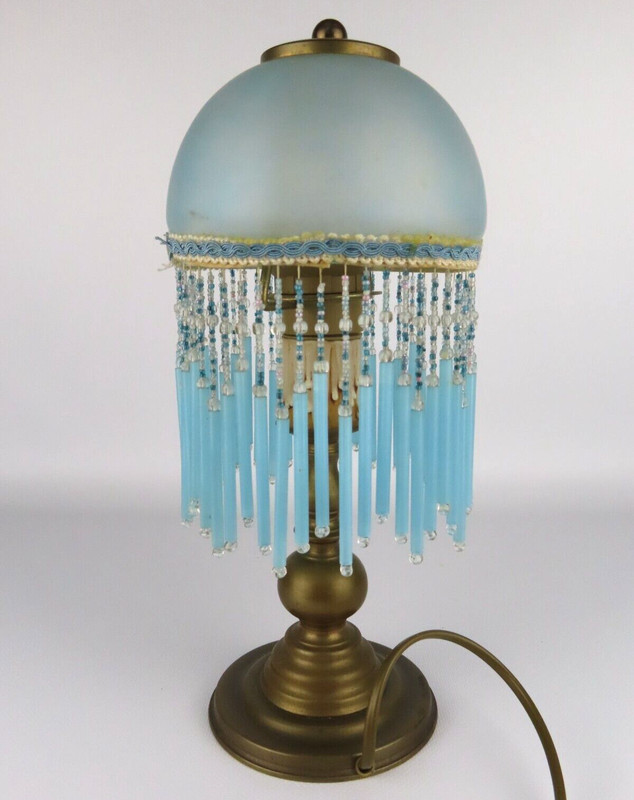 Lampe Vintage Art DÃ©Co Avec Franges Perles Et Abat-Jour En Verre Bleu ÃLectrifiÃ©