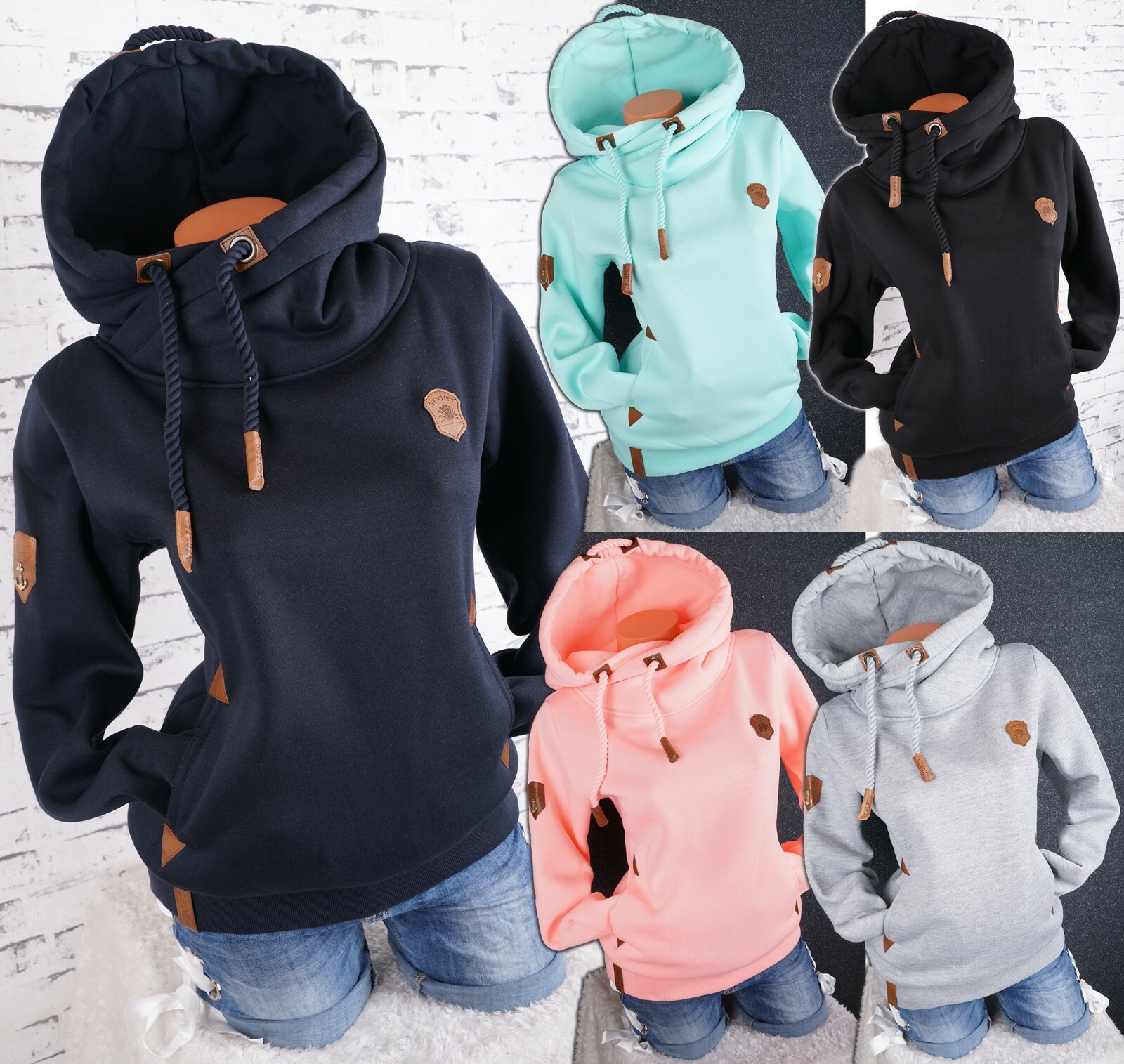 Damen Hoodie Kapuzenpullover Sweatshirt warmer Fleece Pulli Uni M L XL 2XL 3XL