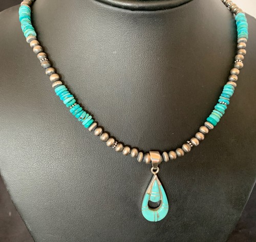 Pre-owned Handmade Womens Blue Turquoise Inlay Pendant Navajo Pearls Sterling Silver Necklace 12501