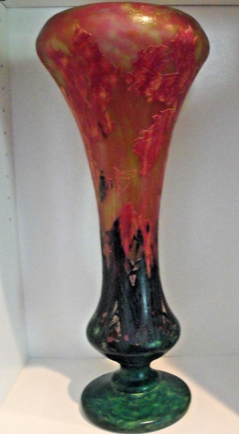 Antique Signed Monumental Daum Nancy Cameo Glass Red Yellow Iris